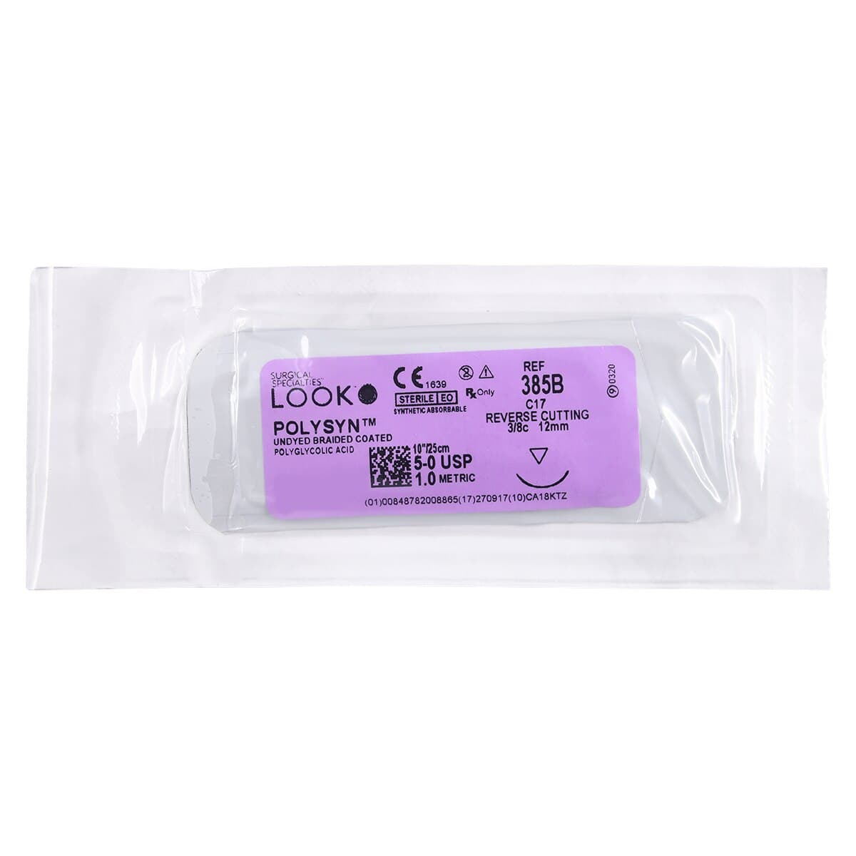 LOOK™ PolySyn™ Absorbable Braided Suture, 5-0 PGA, Undyed, C-17 Reverse Cutting 3/8 Circle Needle, 10" (25cm), 12/Box, 385B thumbnail 3
