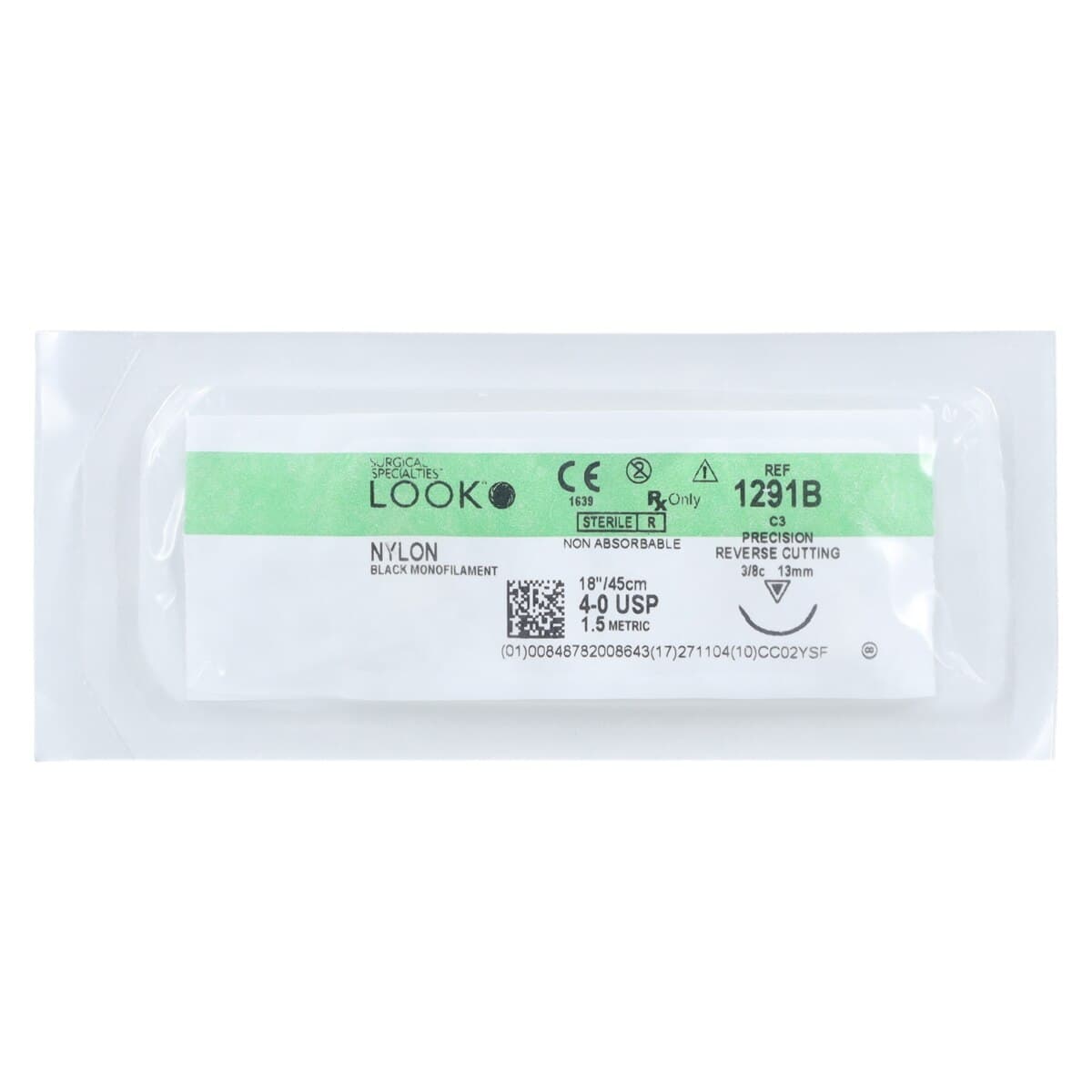 Look 1291B Nylon Black Monofilament Non-Absorbable Suture, 4-0, 18" (45cm), Precision Reverse Cutting C-3 Needle (3/8 Circle, 13mm), Box of 12 thumbnail 3