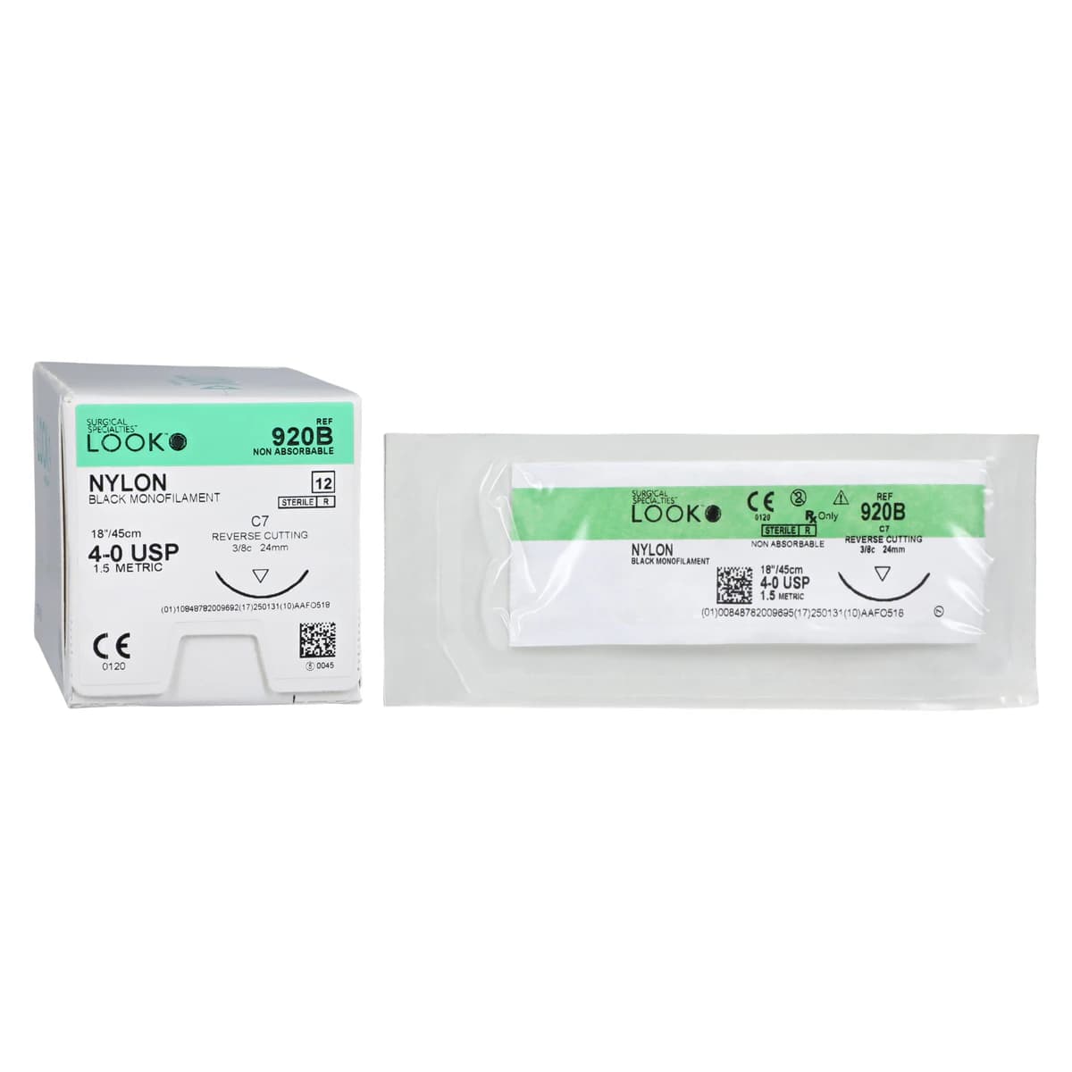 Look/Sharpoint Nylon Monofilament Suture, 4-0, 18" (45cm), Black, Non-Absorbable, C-7/DS-24 Reverse Cutting 3/8 Circle Needle, 24mm, 12/Bx, 920B - Suture Nylon Mono Blk DS24 - Image 1