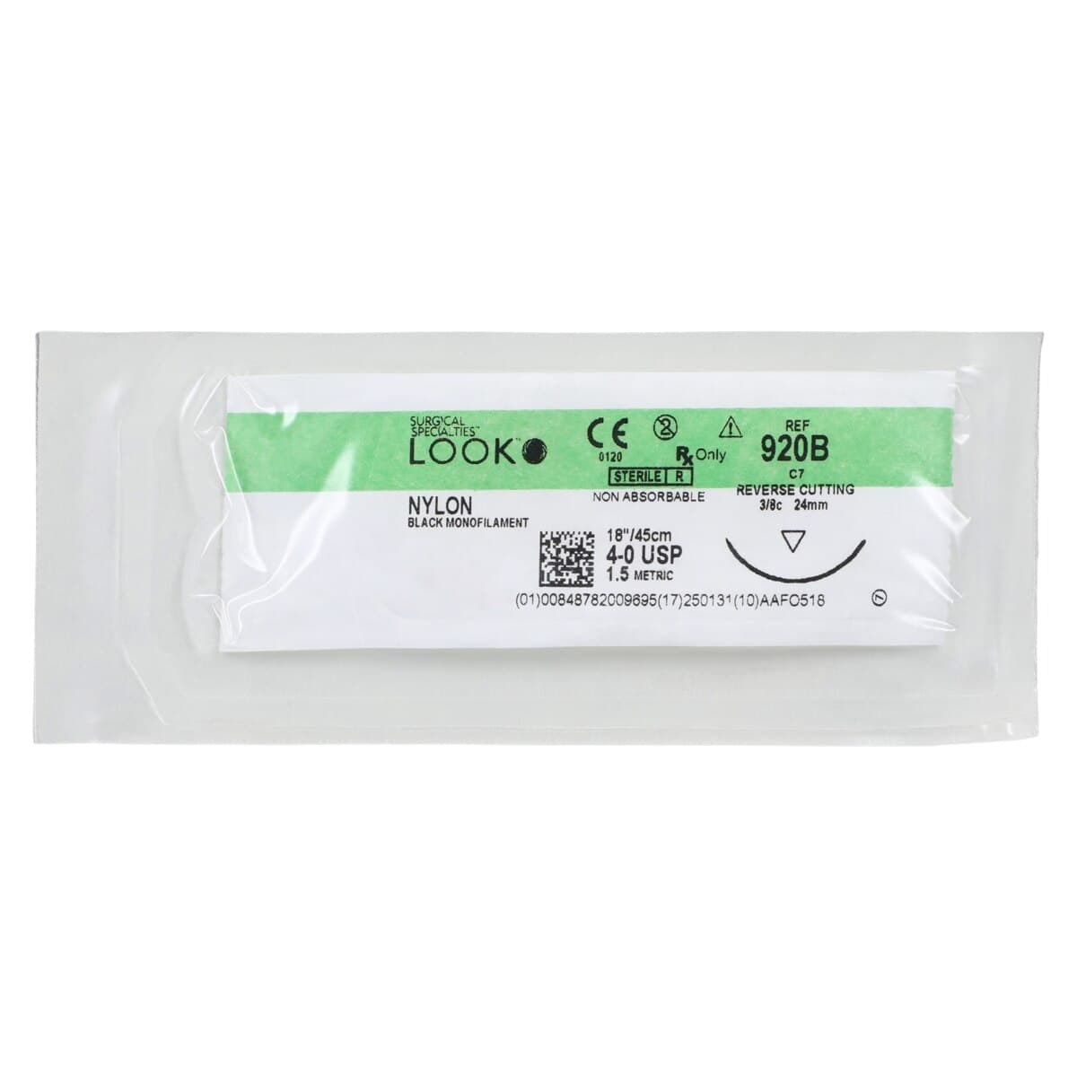 Look/Sharpoint Nylon Monofilament Suture, 4-0, 18" (45cm), Black, Non-Absorbable, C-7/DS-24 Reverse Cutting 3/8 Circle Needle, 24mm, 12/Bx, 920B thumbnail 3
