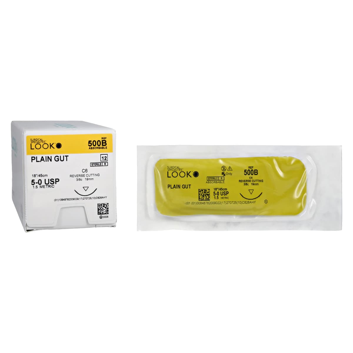Look 500B Plain Gut Absorbable Suture, 5-0, 18" (45 cm), C-6 Reverse Cutting Needle, 19 mm 3/8 Circle, Beige, 12/Box thumbnail 2