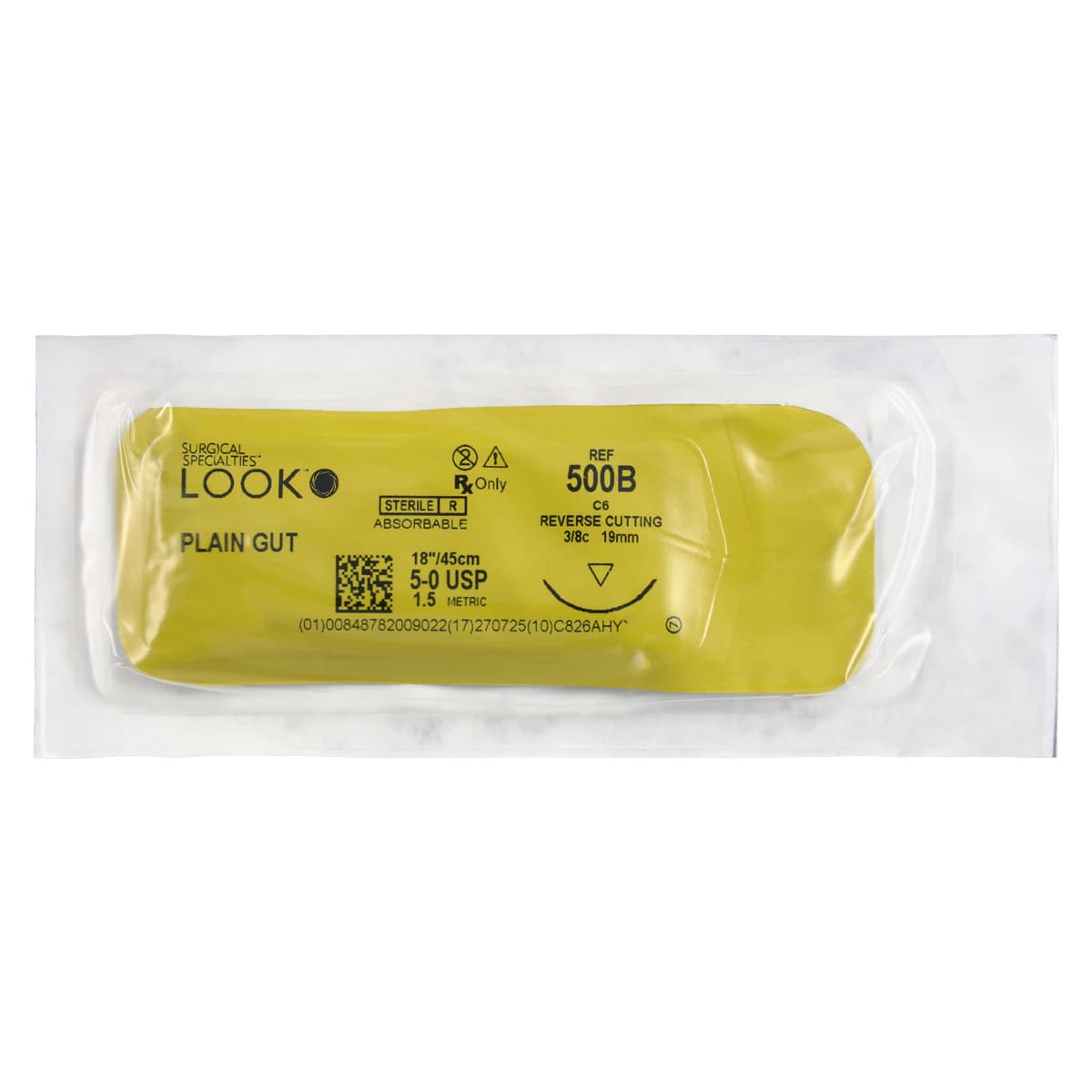 Look 500B Plain Gut Absorbable Suture, 5-0, 18" (45 cm), C-6 Reverse Cutting Needle, 19 mm 3/8 Circle, Beige, 12/Box thumbnail 3