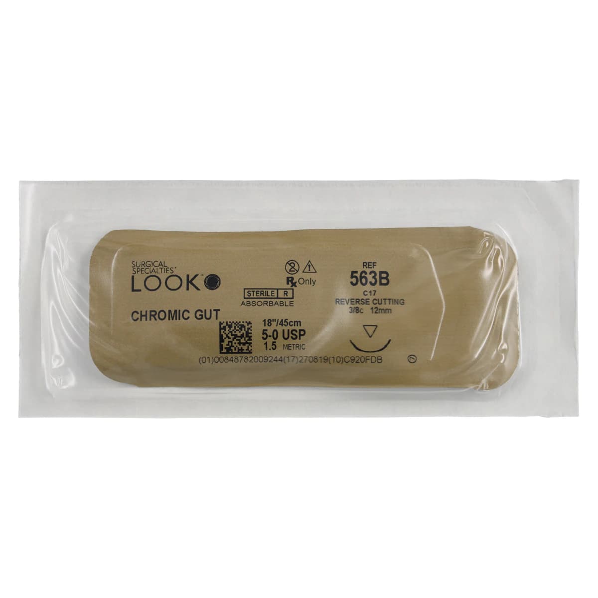 Look Chromic Gut Absorbable Surgical Suture, 5-0, 18"/45 cm, C17 Reverse Cutting Needle, 3/8 Circle, 12 mm, Undyed, 12/Pk, 563B thumbnail 3