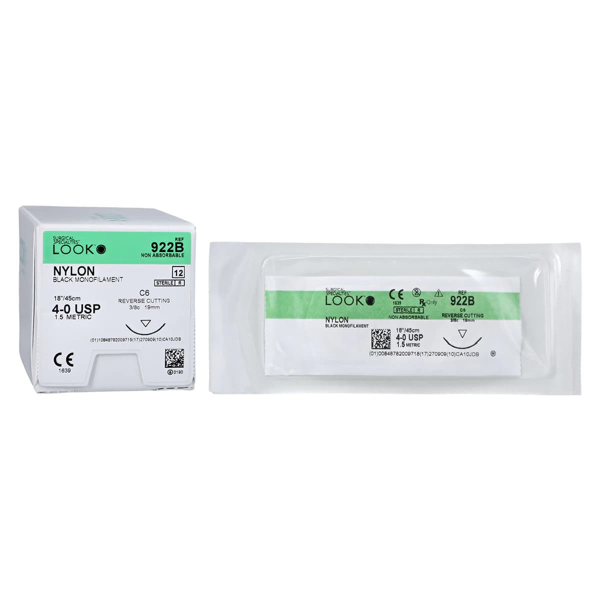 Look 922B Nylon Suture, 4-0, Black Monofilament, 18" (45 cm), C-6 Reverse Cutting Needle (3/8 Circle, 19mm), 12/Box - Nylon Suture with C6 Needle (RC), Black Monofilament, 18"/45 cm, # 4-0, 12/Pk, 922B - Image 1
