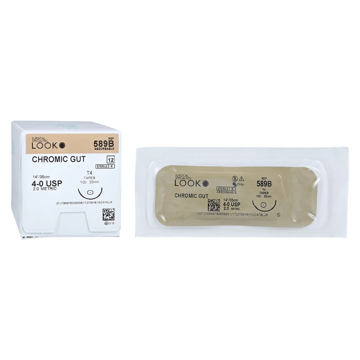 Look Chromic Gut Absorbable Suture, 4-0, 14"/35 cm, T4 Taper Point Needle, 1/2 Circle, 22mm, 12/Pk, 589B - Chromic Gut Suture with T4 Needle (Taper Point), 14"/35 cm, # 4-0, 12/Pk, 589B - Image 1