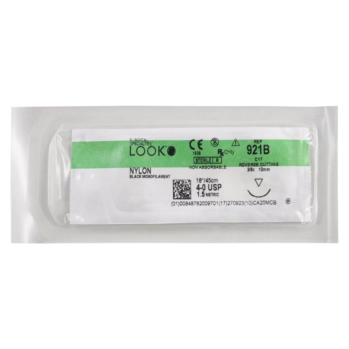 Surgical Specialties Look Suture 4/0 Nylon Black Monofilament, 18" (45cm), DS-12 Precision Reverse Cutting, 3/8 Circle Needle, 12mm, 12/Bx, C-17 thumbnail 3
