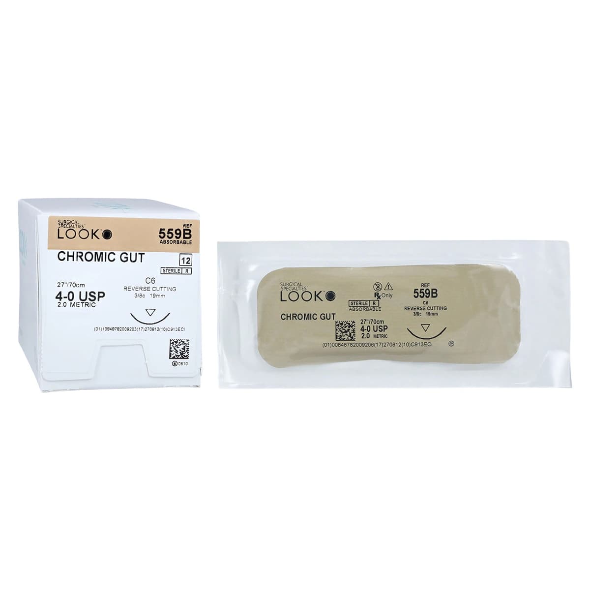 Look Chromic Gut Absorbable Suture, 4-0, 27"/70 cm, C-6 Reverse Cutting Needle, 3/8 Circle, 12/Pk, 559B thumbnail 2