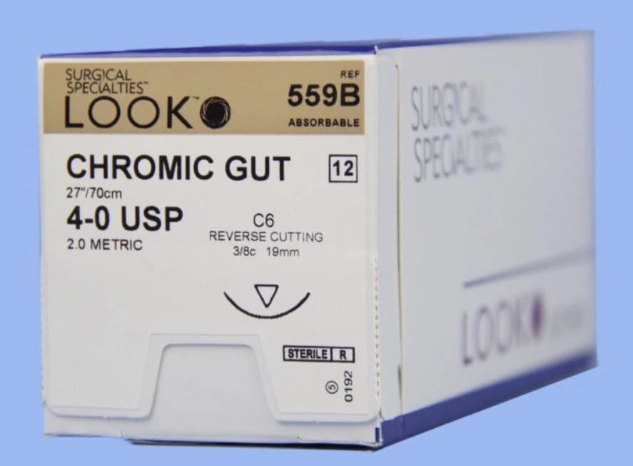 Look Chromic Gut Absorbable Suture, 4-0, 27"/70 cm, C-6 Reverse Cutting Needle, 3/8 Circle, 12/Pk, 559B - Chromic Gut Suture with C6 Needle (RC), 3/8 Circle, 27"/70 cm, # 4-0, 12/Pk, 559B - Image 1