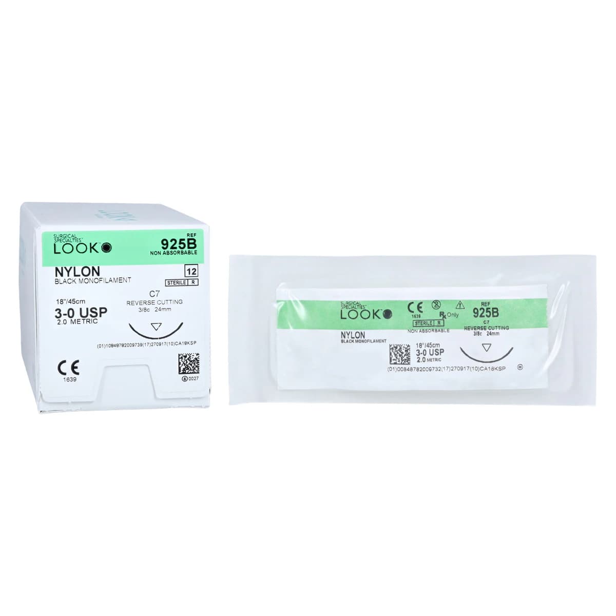 Look 925B Nylon Suture, 3-0 Black Monofilament, 18" (45 cm), C-7 Reverse Cutting Needle (24 mm, 3/8 Circle), 12/Bx - Nylon Suture with C7 Needle (RC), Black Monofilament, 18"/45 cm, # 3-0, 12/Pk, 925B - Image 1