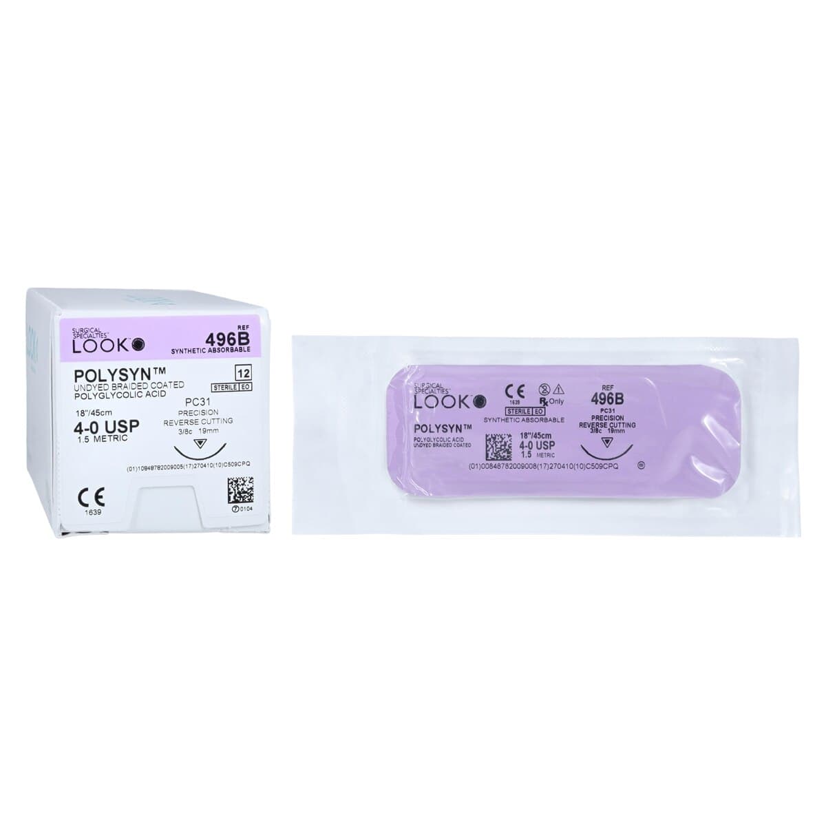 LOOK PolySyn PGA Suture, 4-0, Undyed Braided, 18" (45cm), PC-31 Precision Reverse Cutting 3/8 Circle Needle, 12/Box, 496B thumbnail 2