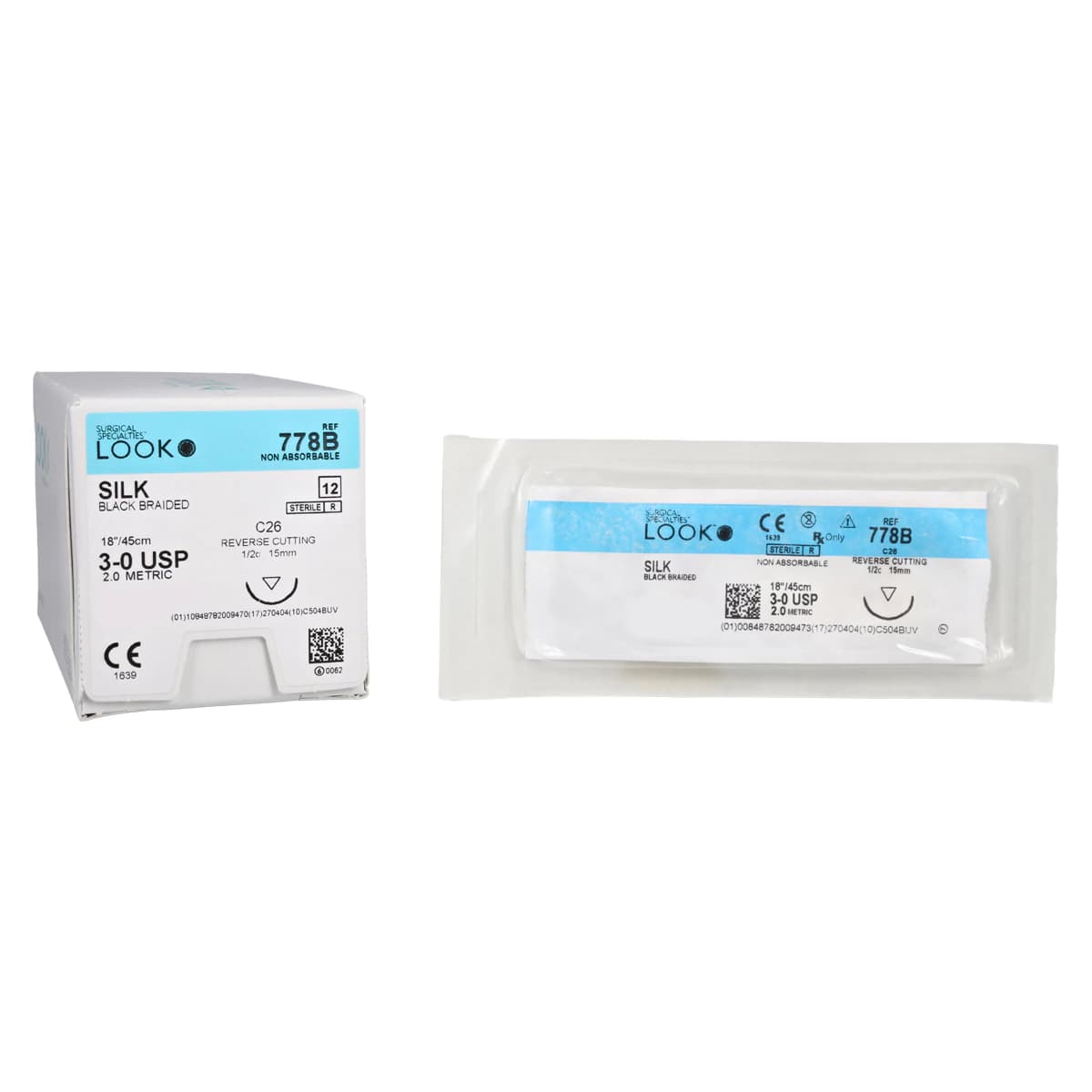 LOOK Sharpoint Silk Suture, 3-0, Black Braided, Non-Absorbable, 18" (45 cm), C-26 Reverse Cutting 1/2 Circle Needle, 12/Box, #778B thumbnail 2