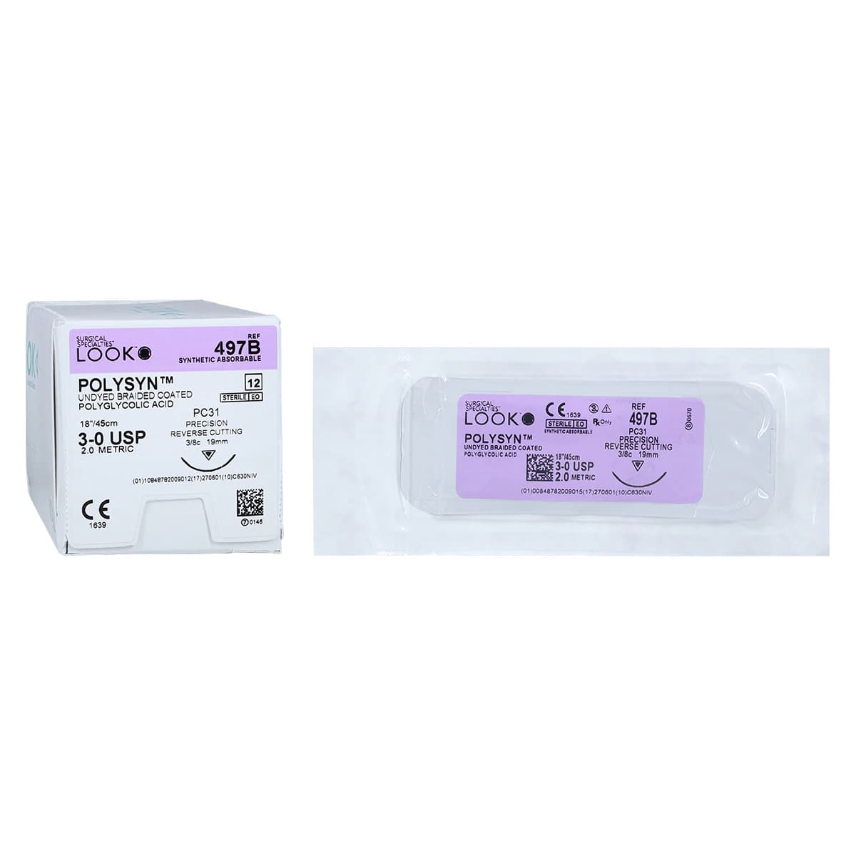 LOOK™ PolySyn™ Absorbable Suture, 3-0 PGA Braided, Undyed, PC-31 Precision Reverse Cutting 3/8 Circle Needle, 18", 12/Box, 497B thumbnail 2