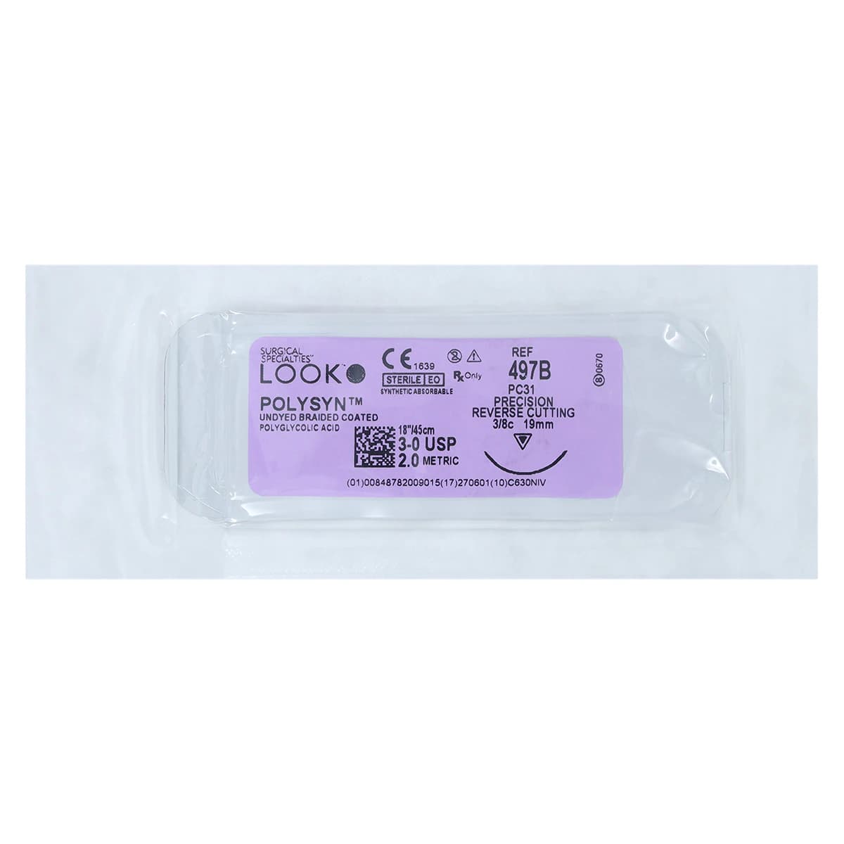LOOK™ PolySyn™ Absorbable Suture, 3-0 PGA Braided, Undyed, PC-31 Precision Reverse Cutting 3/8 Circle Needle, 18", 12/Box, 497B thumbnail 3