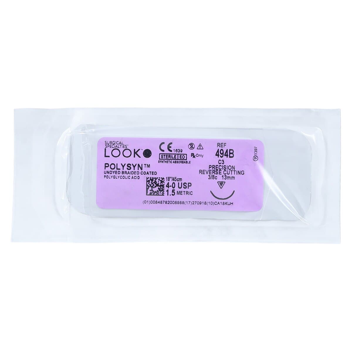 LOOK™ PolySyn™ Absorbable Braided Suture, 4-0, Polyglycolic Acid (PGA), Undyed, C-3 Precision Reverse Cutting Needle, 3/8 Circle, 13mm, 18", 12/Pkg, 494B thumbnail 3