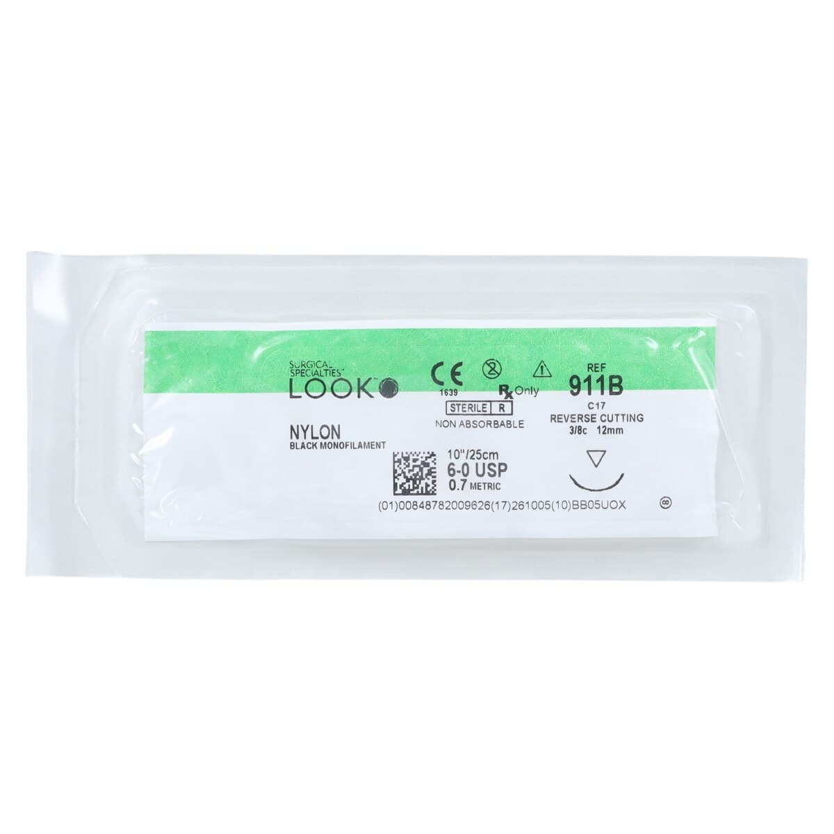 Look 911B Nylon Suture, 6-0, Black Monofilament, 10" (25 cm), C17 Reverse Cutting Needle, 12/Box thumbnail 3