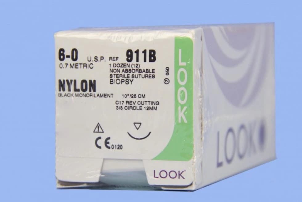Look 911B Nylon Suture, 6-0, Black Monofilament, 10" (25 cm), C17 Reverse Cutting Needle, 12/Box - Nylon Suture with C17 Needle (RC), Black Monofilament, 10"/25 cm, # 6-0, 12/Pk, 911B - Image 1