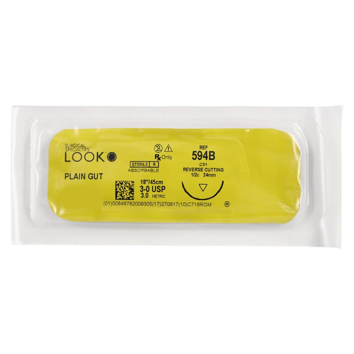 Look/Sharpoint Plain Gut Absorbable Suture, 3-0, 18", C-31 Reverse Cutting Needle, 1/2 Circle, 24mm, Beige, 12/Box, 594B thumbnail 3