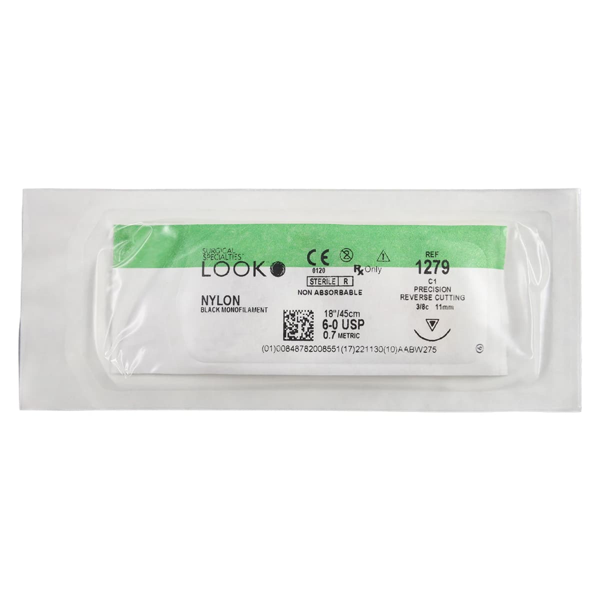 Look 6/0, 18" Nylon Black Monofilament Non-absorbable Suture with Precision Reverse Cutting C-1 Needle, 3/8 Circle, 12/Box, 1279B thumbnail 3