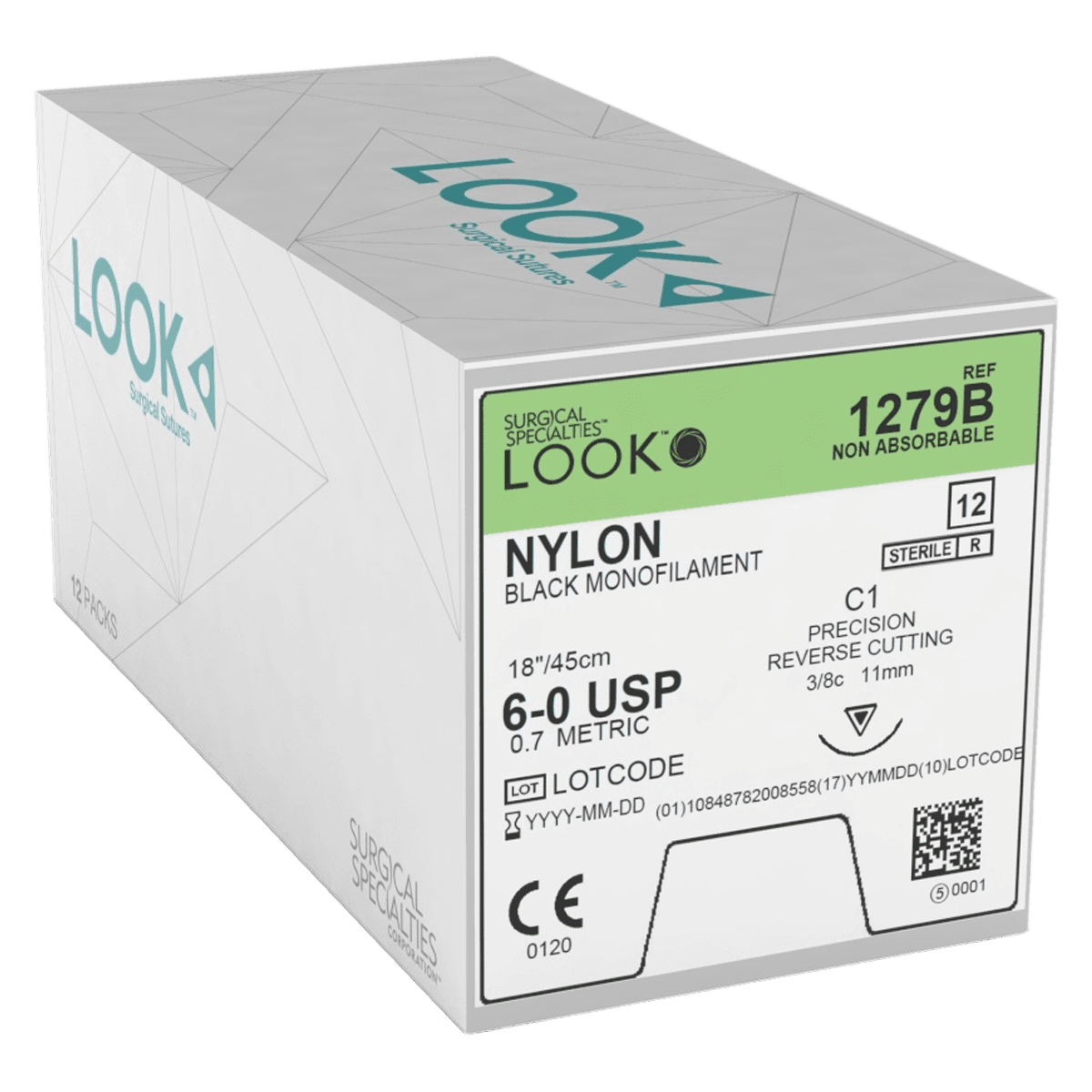 Look 6/0, 18" Nylon Black Monofilament Non-absorbable Suture with Precision Reverse Cutting C-1 Needle, 3/8 Circle, 12/Box, 1279B thumbnail 2
