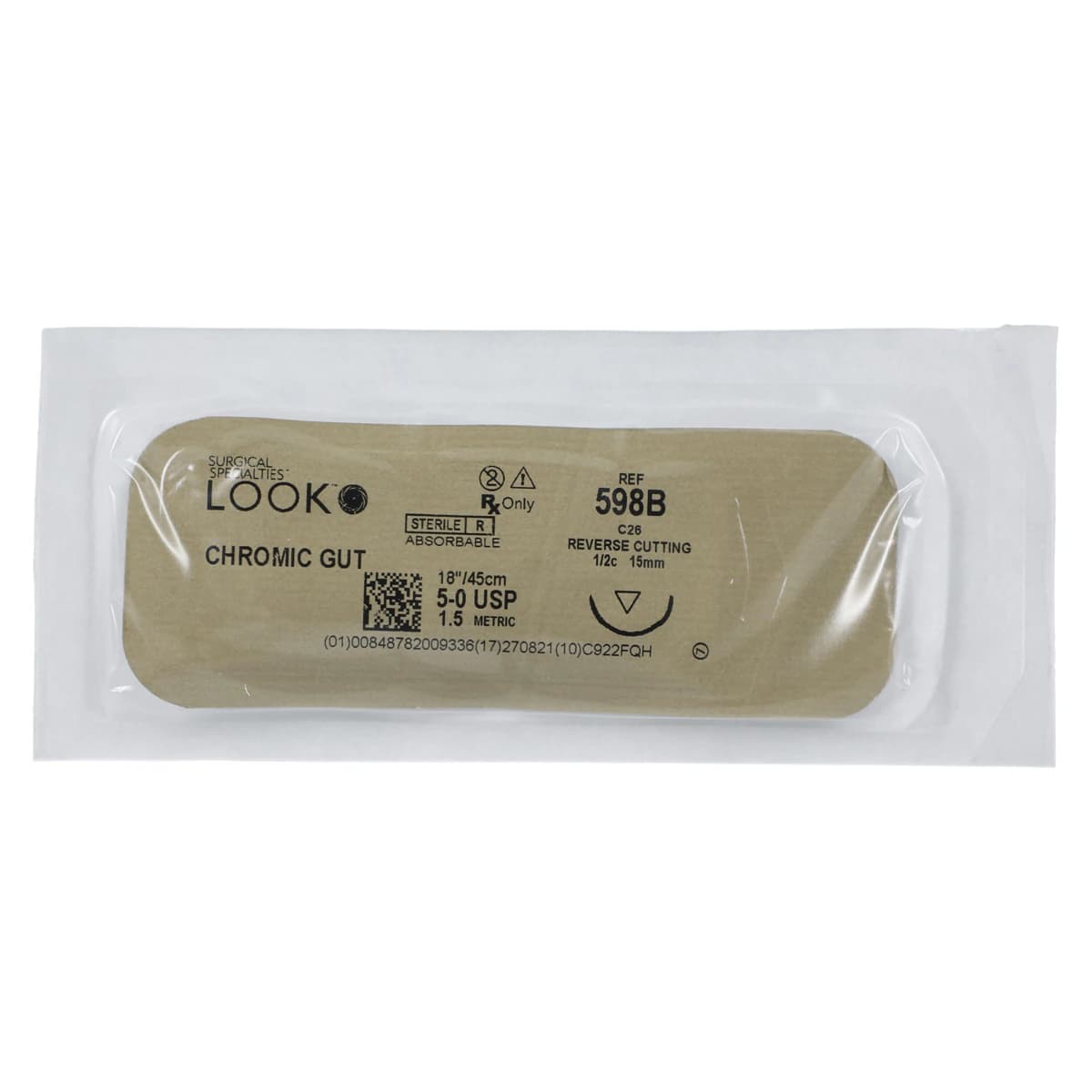 Look 598B Chromic Gut Suture, 5-0, 18" (45 cm), C26 Reverse Cutting Needle, 1/2 Circle, 15 mm, 12/Pk thumbnail 3