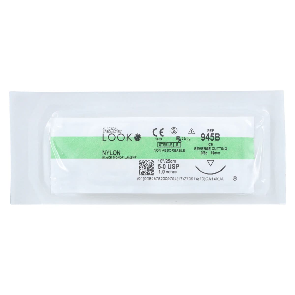 Look 945B Nylon Suture, 5-0, Black Monofilament, 10" (25 cm), C6 Reverse Cutting Needle 18 mm 3/8 Circle, 12/Pk thumbnail 3