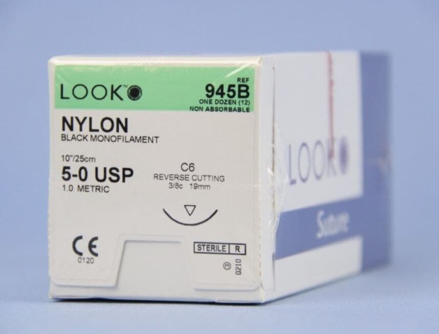 Look 945B Nylon Suture, 5-0, Black Monofilament, 10" (25 cm), C6 Reverse Cutting Needle 18 mm 3/8 Circle, 12/Pk thumbnail 2