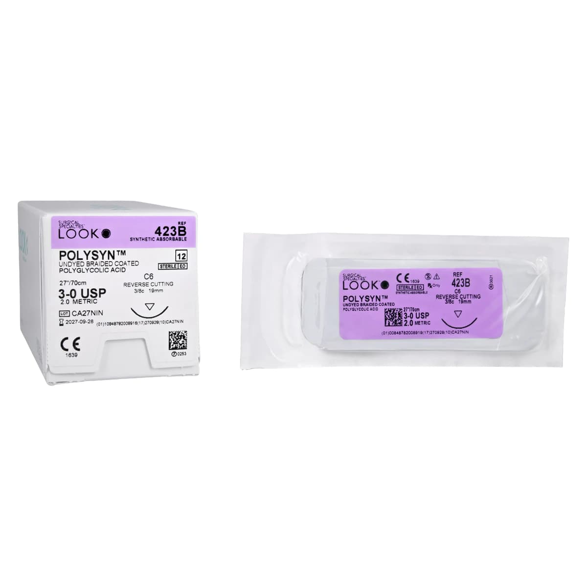 Look PolySyn Polyglycolic Acid Absorbable Suture, 3-0, Undyed Braided, C-6 Reverse Cutting Needle, 19mm, 3/8 Circle, 27" (70cm), 12/Box, 423B thumbnail 2