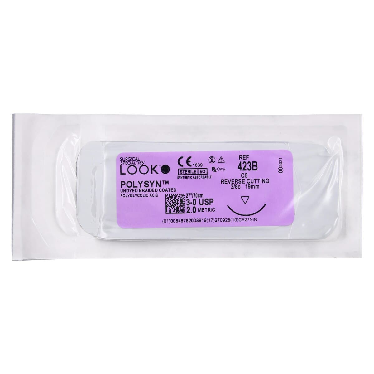 Look PolySyn Polyglycolic Acid Absorbable Suture, 3-0, Undyed Braided, C-6 Reverse Cutting Needle, 19mm, 3/8 Circle, 27" (70cm), 12/Box, 423B thumbnail 3