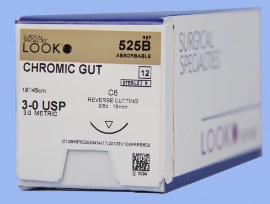 Look Chromic Gut Absorbable Suture, 3-0, 18", Reverse Cutting C-6 Needle, 3/8 Circle, 12/Box, 525B thumbnail 2