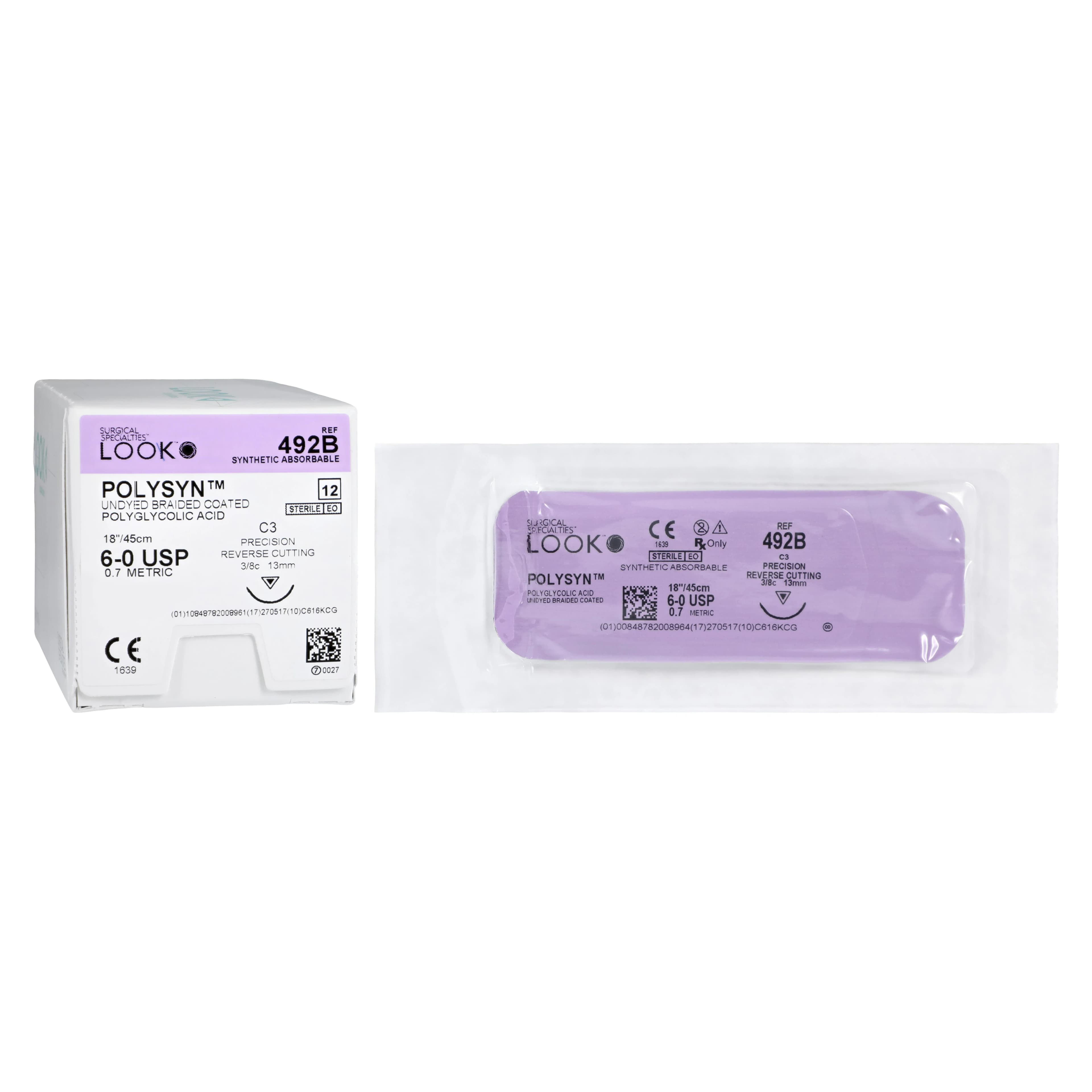 LOOK™ PolySyn™ Sutures 6-0 PGA (Polyglycolic Acid) Braided, Undyed, Coated, C-3 3/8 Circle Precision Reverse Cutting Needle, 18" (45cm), 12/Bx, #492B - LOOK™ PolySyn™ Sutures 6-0 PGA (Polyglycolic Acid) Braided C-3 3/8 Circle Undyed 27 Inch Pkg/12 - Image 1