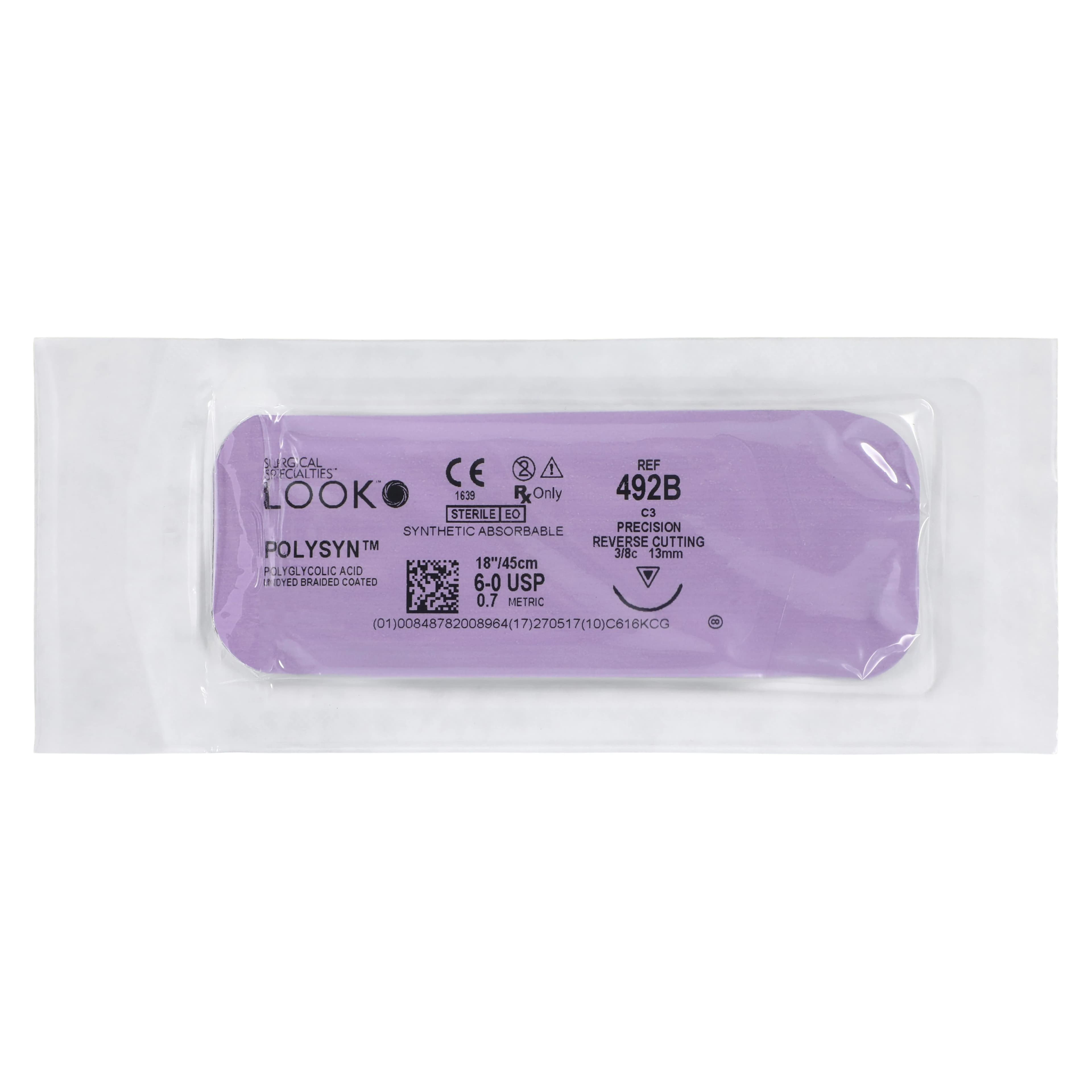 LOOK™ PolySyn™ Sutures 6-0 PGA (Polyglycolic Acid) Braided, Undyed, Coated, C-3 3/8 Circle Precision Reverse Cutting Needle, 18" (45cm), 12/Bx, #492B thumbnail 3