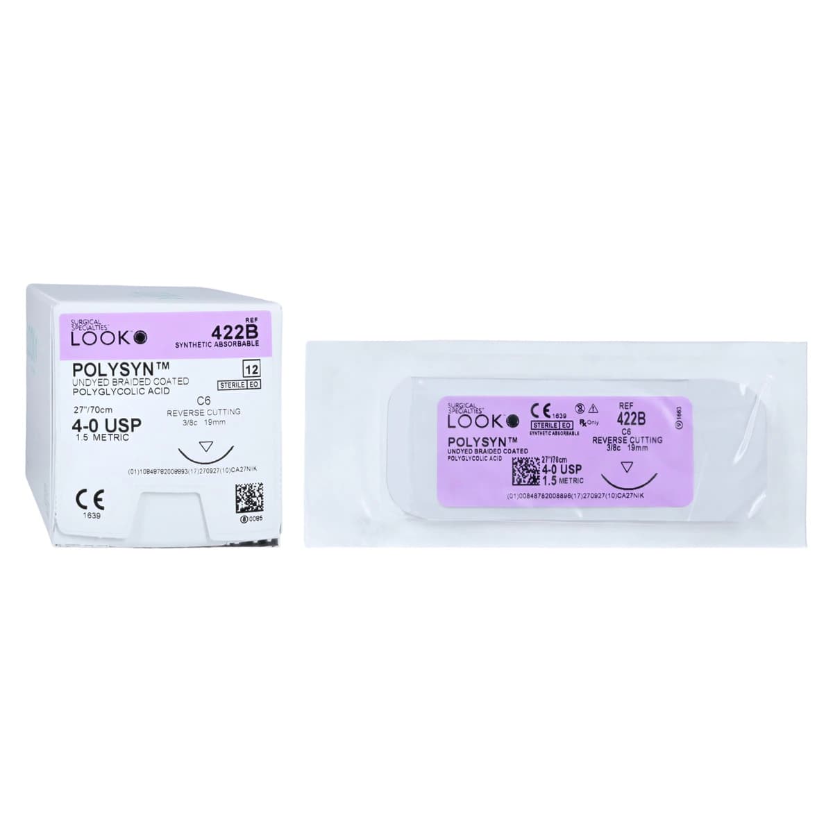 Look PolySyn Polyglycolic Acid Absorbable Suture, Undyed Braided, 4-0, 27", C-6 Reverse Cutting Needle, 3/8 Circle, 12/Box, 422B thumbnail 2