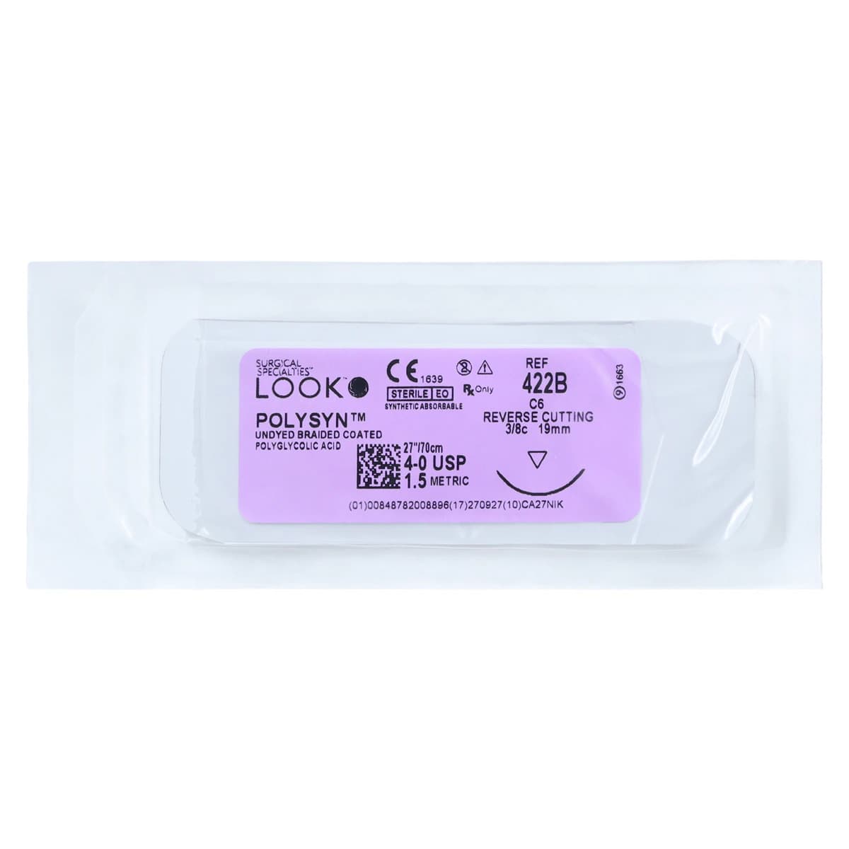 Look PolySyn Polyglycolic Acid Absorbable Suture, Undyed Braided, 4-0, 27", C-6 Reverse Cutting Needle, 3/8 Circle, 12/Box, 422B thumbnail 3