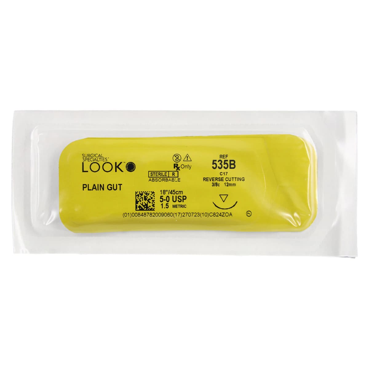 Look 535B Plain Gut Absorbable Suture, 5-0, 18" (45 cm), C-17 Reverse Cutting Needle, 12 mm 3/8 Circle, 12/Box thumbnail 3