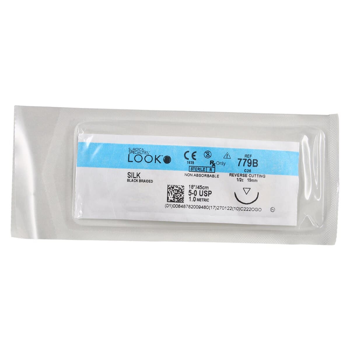 LOOK Sharpoint Silk Suture, 5-0, 18" (45 cm), Black Braided, Non-Absorbable, C-26 Reverse Cutting 1/2 Circle Needle, 12/Box, 779B thumbnail 3