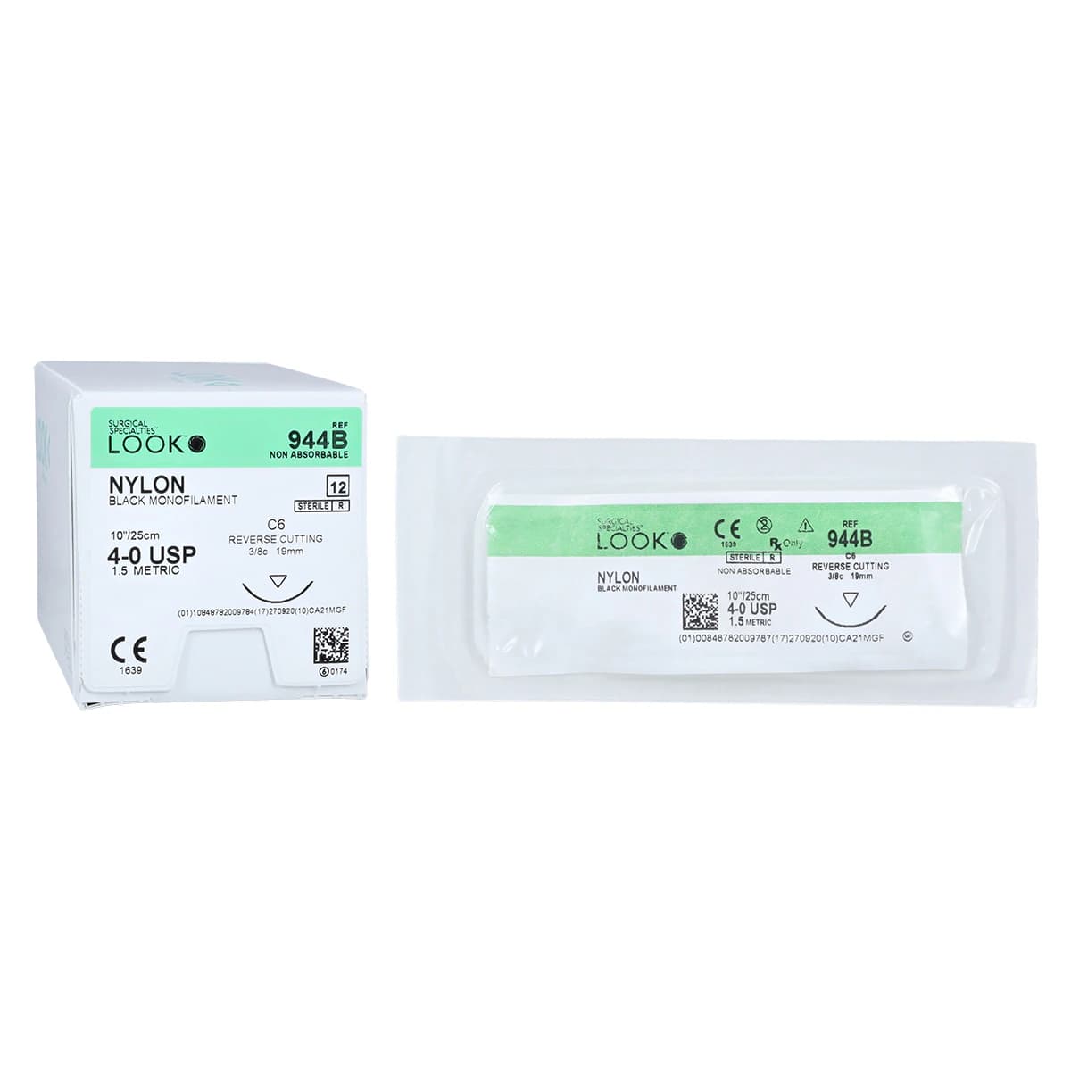 Look 944B Nylon Suture, 4-0, Black Monofilament, 10" (25 cm), C-6 Reverse Cutting Needle (18 mm, 3/8 Circle), 12/Box - Nylon Suture with C6 Needle (RC), Black Monofilament, 10"/25 cm, # 4-0, 12/Pk, 944B - Image 1
