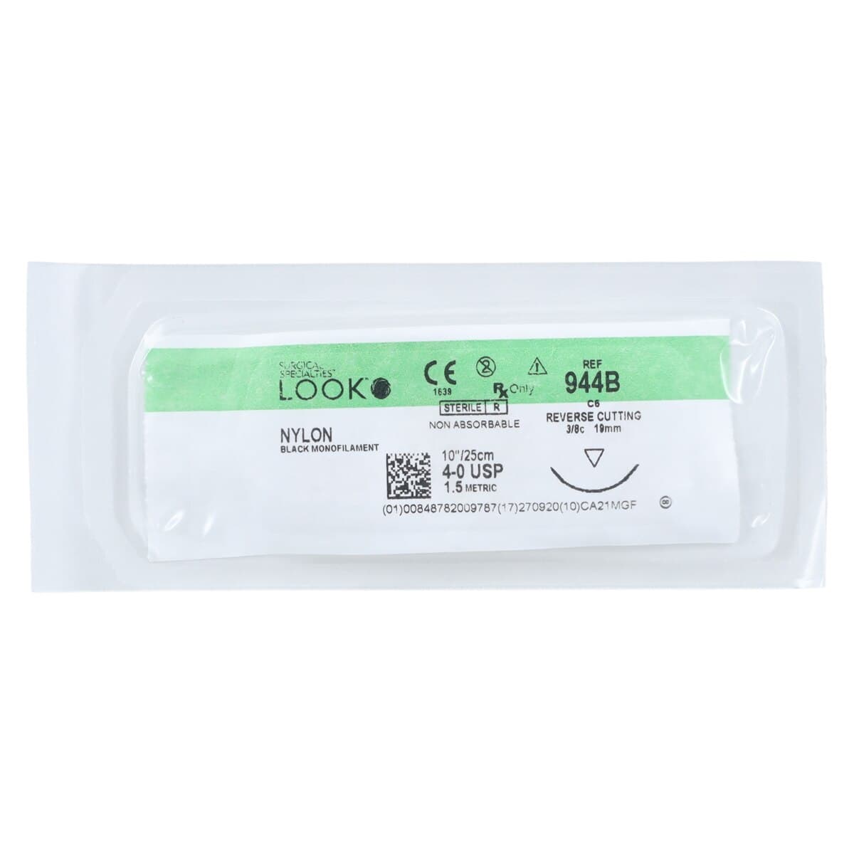 Look 944B Nylon Suture, 4-0, Black Monofilament, 10" (25 cm), C-6 Reverse Cutting Needle (18 mm, 3/8 Circle), 12/Box thumbnail 3