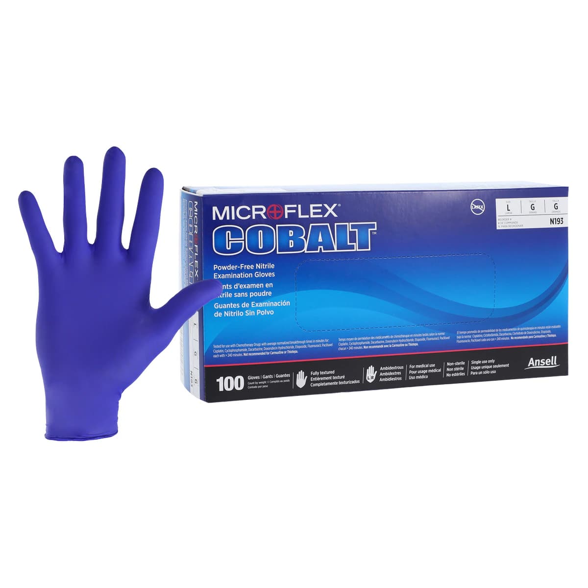 Microflex Cobalt Nitrile Exam Gloves, Powder Free, Textured, Large, Blue, 100/Box, N193 - Cobalt LRG Nitrile PF TXT Gloves (100) - Image 1