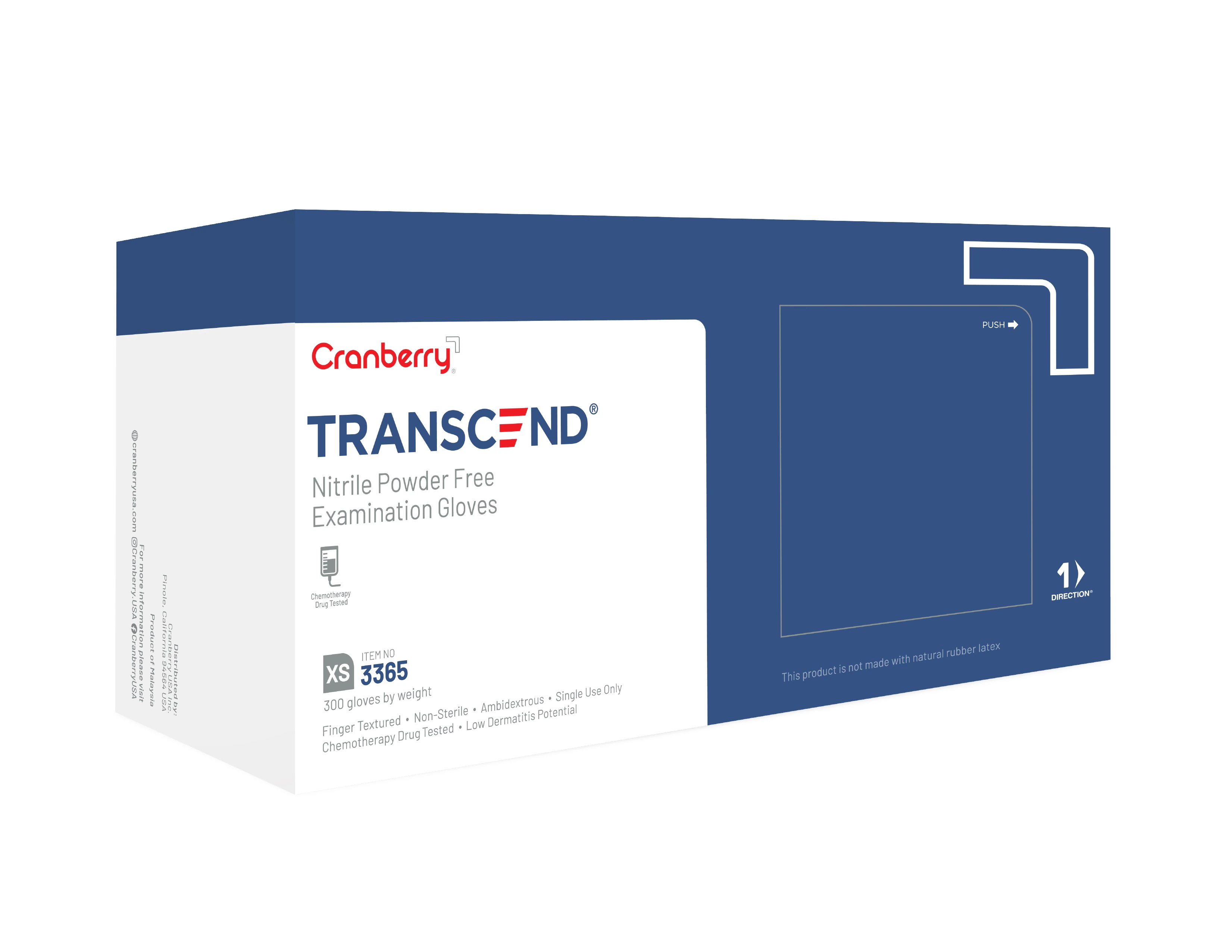 Cranberry Transcend Nitrile Exam Gloves, Powder Free, Non-Sterile, X-Small, Matte Blue, 300/Box, CR3365 thumbnail 3