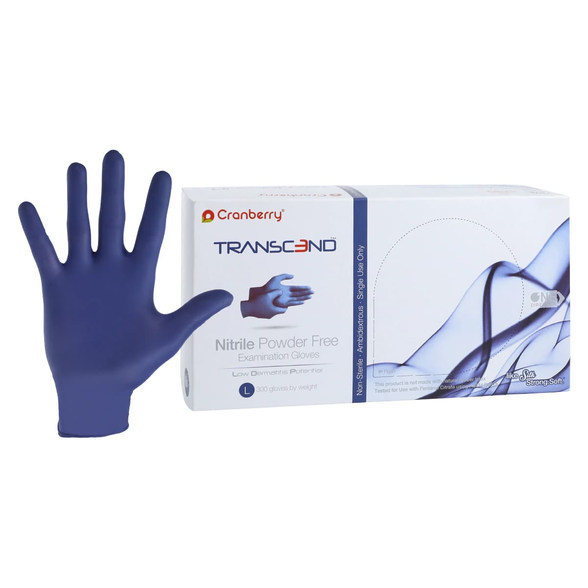 Cranberry Transcend 300 Nitrile Exam Gloves, Powder Free, Non-Sterile, Large, Matte Blue, 300/Box, CR3368 - Transcend Nitrile Exam Gloves Large Blue Box of 300 - Image 1
