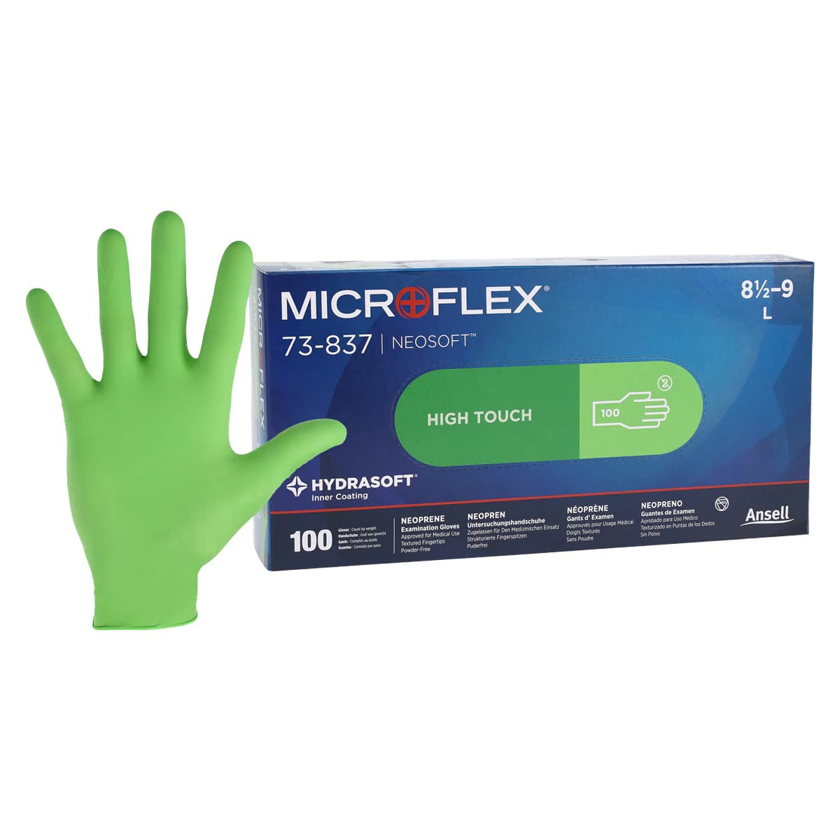 Microflex NeoSoft Neoprene Exam Gloves, Powder-Free, Latex-Free, Large, Green, 100/Bx, 73-837 - -Neosoft LRG Neoprene PF Txt Gloves, Green (100) - Image 1