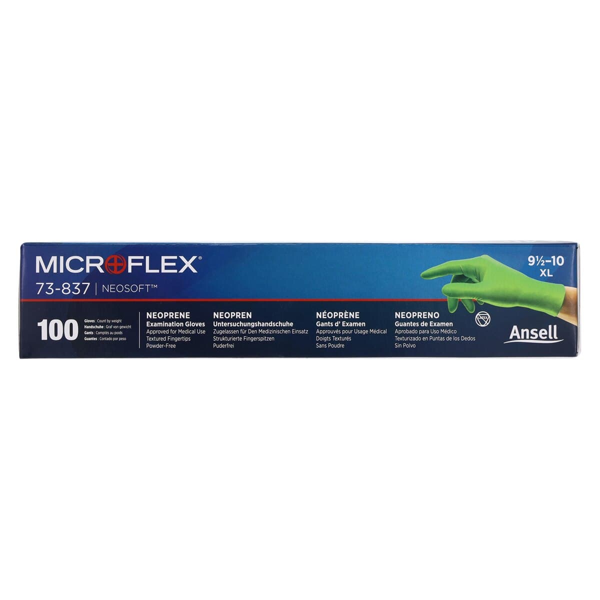 Microflex NeoSoft Neoprene Exam Gloves, Powder Free, Latex Free, X-Large, Green, 100/Bx, 73837100 - -Neosoft X-LRG Neoprene PF Txt Gloves, Green (100) - Image 1