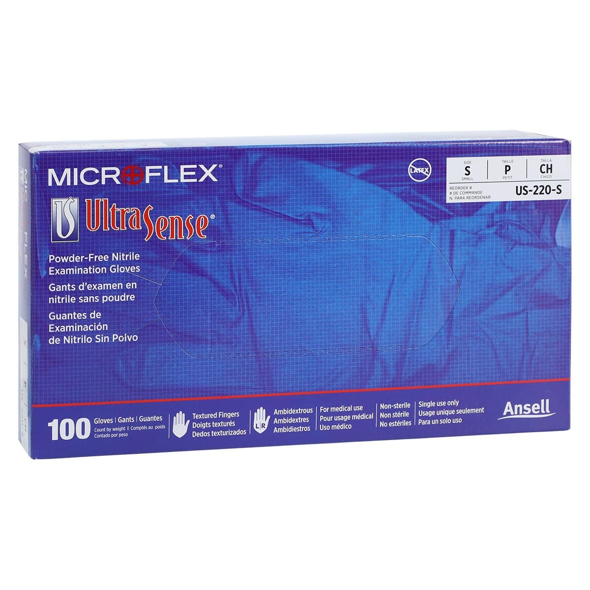 UltraSense® Nitrile Exam Gloves, Powder Free, Latex Free, Non-Sterile, Small, Blue, Textured Fingertips, 100/Box, US-220-S thumbnail 4