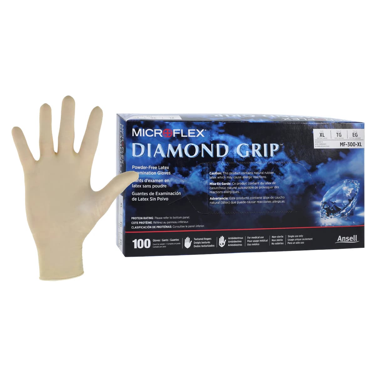 Microflex Diamond Grip MF-300 Powder-Free Latex Exam Gloves, Extra Large, Natural, 100/Box, MF-300-XL - Diamond Grip MF-300 Gloves, Powder-Free, Latex, Extra Large, 100/Box - Image 1