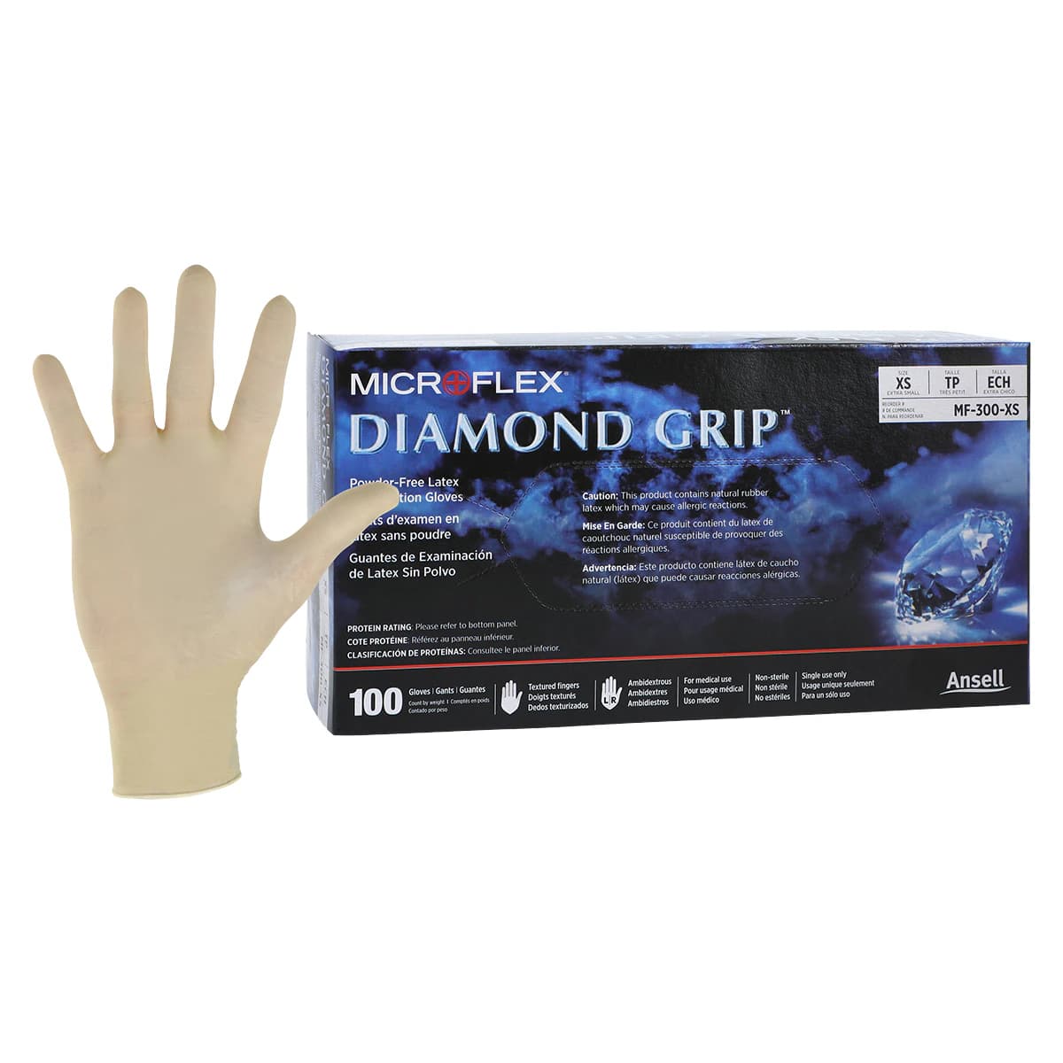 Microflex Diamond Grip Powder-Free Latex Exam Gloves, Extra Small, Natural, Textured, Non-Sterile, 100/Box, MF-300-XS thumbnail 2