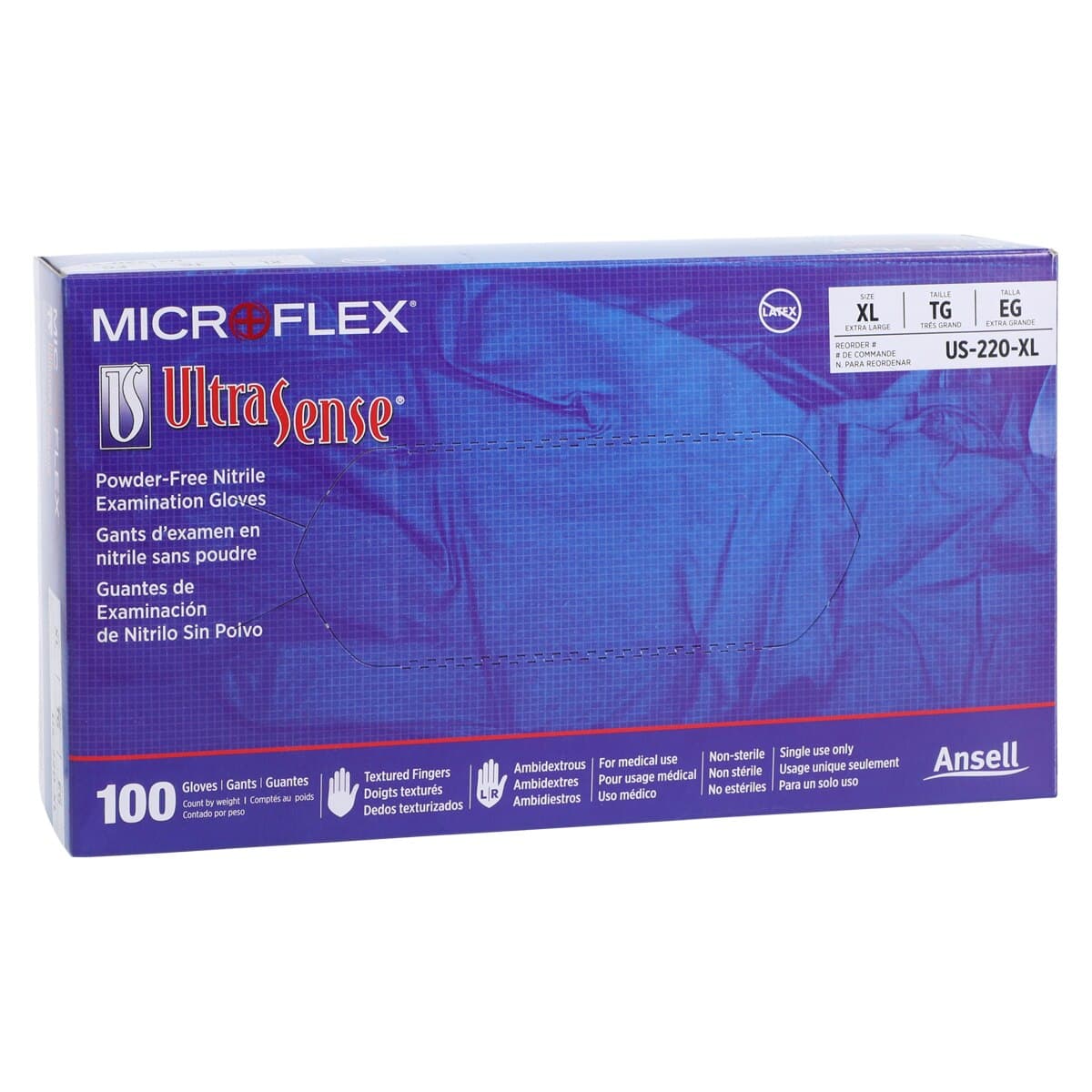 Microflex UltraSense US-220 Nitrile Exam Gloves, Powder Free, Latex Free, Non-Sterile, Extra Large, Blue, Textured, 100/Box, US-220-XL thumbnail 4