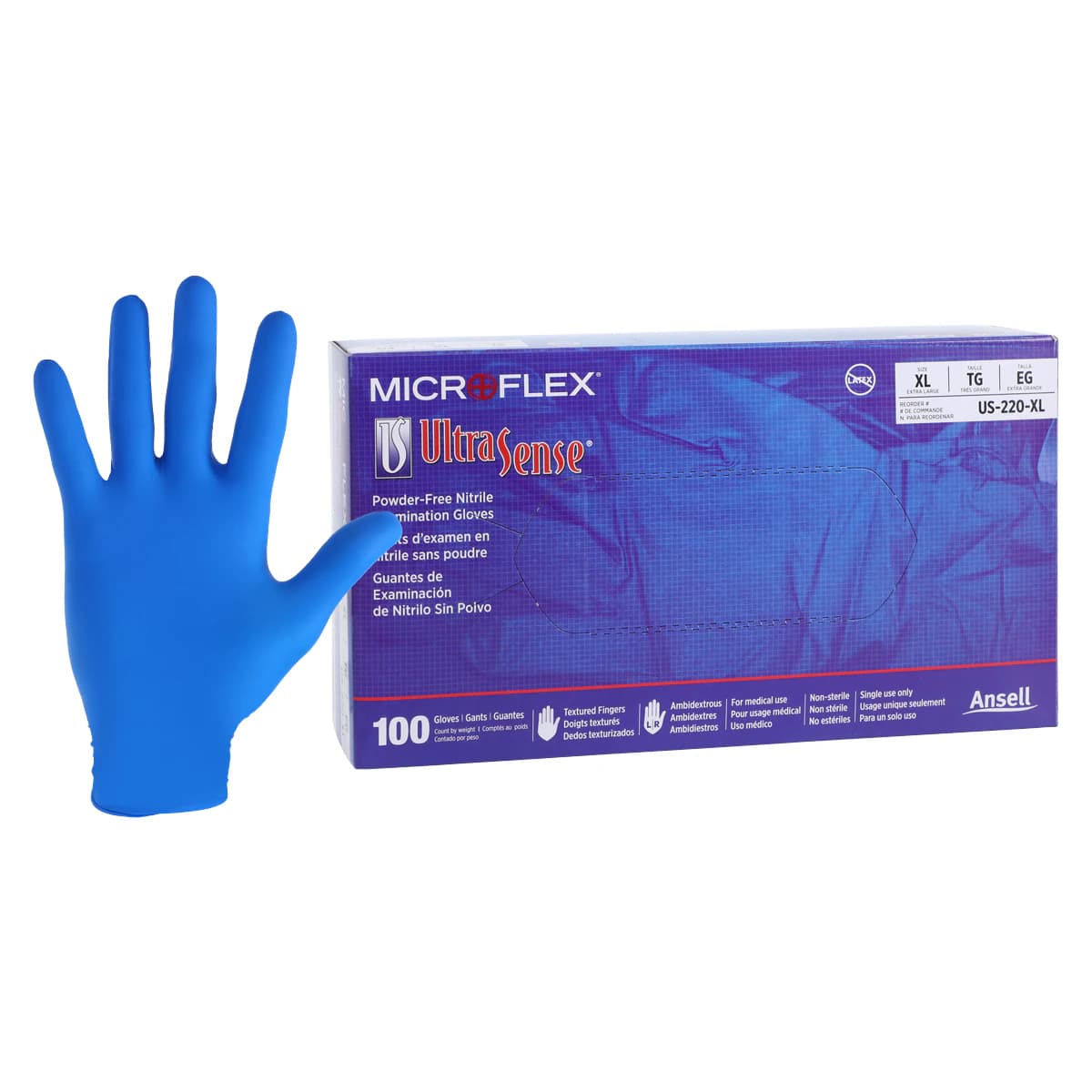 Microflex UltraSense US-220 Nitrile Exam Gloves, Powder Free, Latex Free, Non-Sterile, Extra Large, Blue, Textured, 100/Box, US-220-XL thumbnail 2