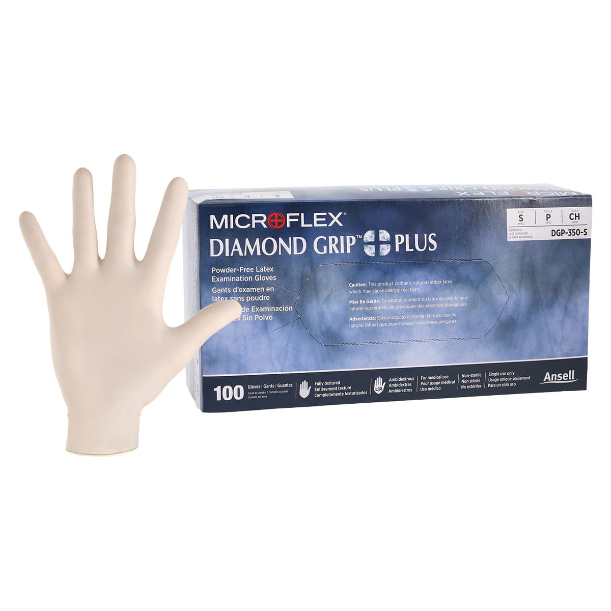 Diamond Grip Plus DGP-350 Latex Exam Gloves, Powder-Free, Textured, Non-Sterile, Small, Natural, 100/Box, DGP-350-S thumbnail 2
