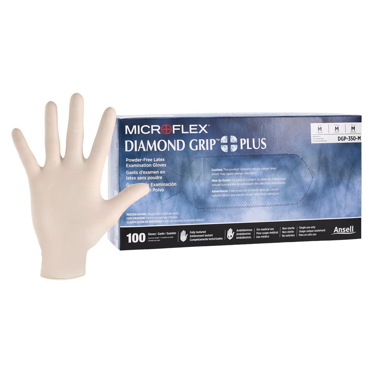 Diamond Grip Plus DGP-350 Powder-Free Latex Exam Gloves, Textured, Medium, Natural, 100/Box, DGP-350-M thumbnail 2