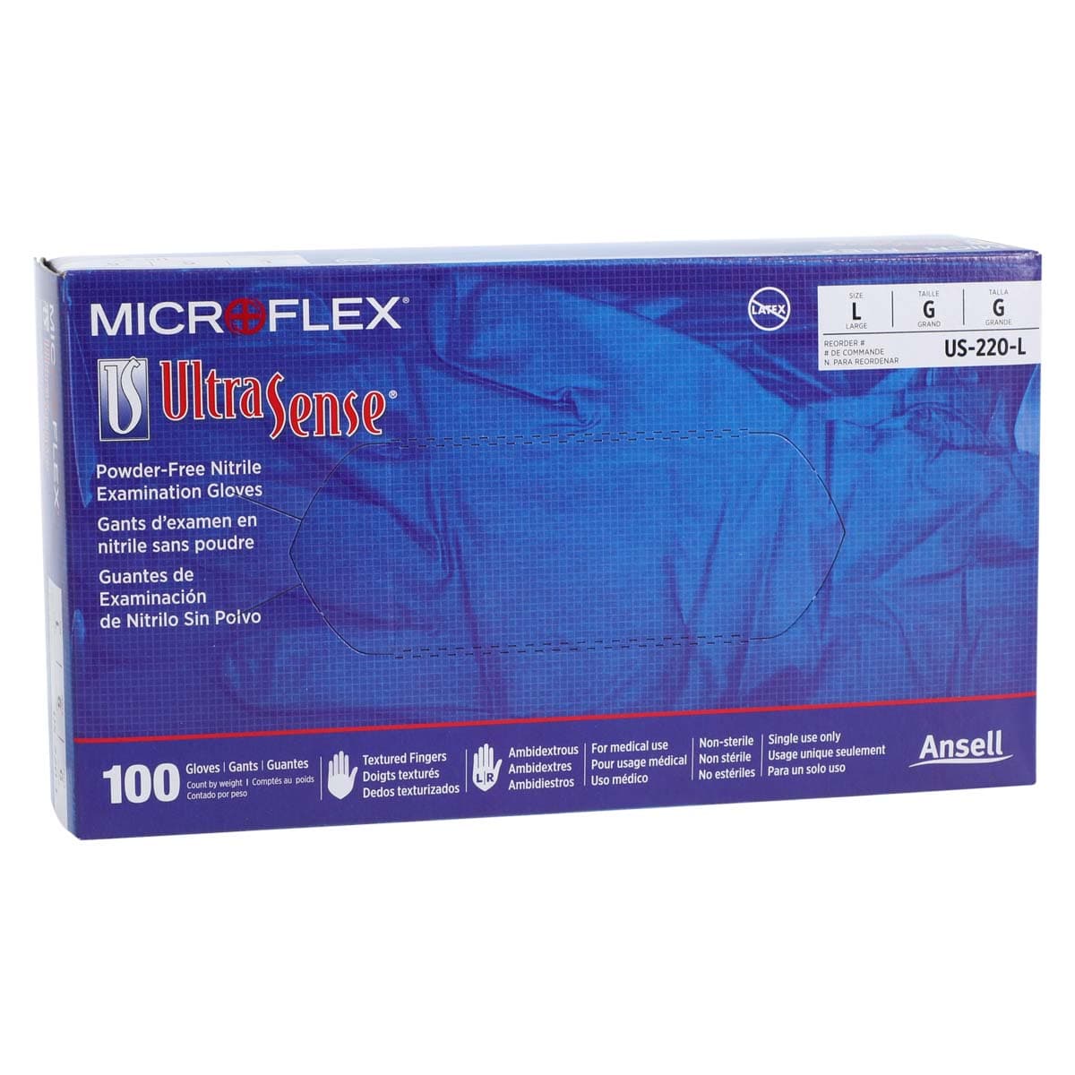 MICROFLEX UltraSense US-220 Nitrile Exam Gloves, Powder-Free, Non-Sterile, Textured Fingertips, Large, Blue, 100/Box thumbnail 4